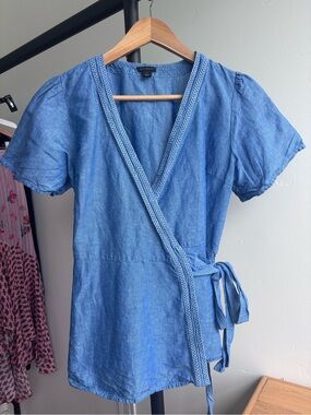 Ann Taylor Blue Linen Blend Sleeveless V-Neck Wrap Tie Blouse Top Sz 0